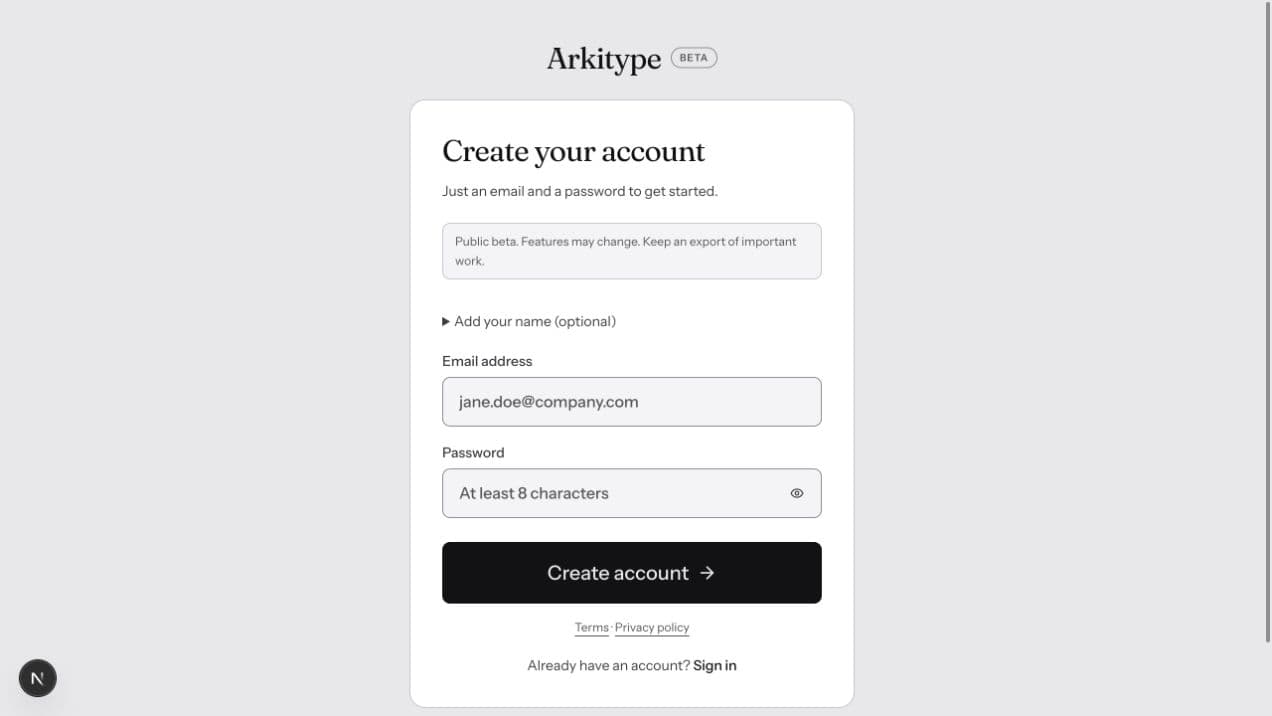 The Create your account form shows optional name disclosure, email and password fields, Create account, Terms and Privacy links, and a Sign in option.