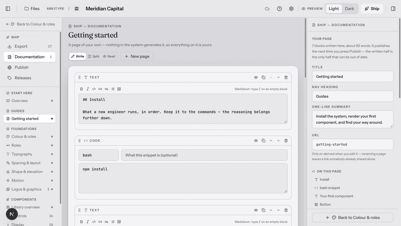 Ship’s documentation editor shows a Getting started page with text and code blocks, page metadata, and an outline listing Install, Your first component and Button.