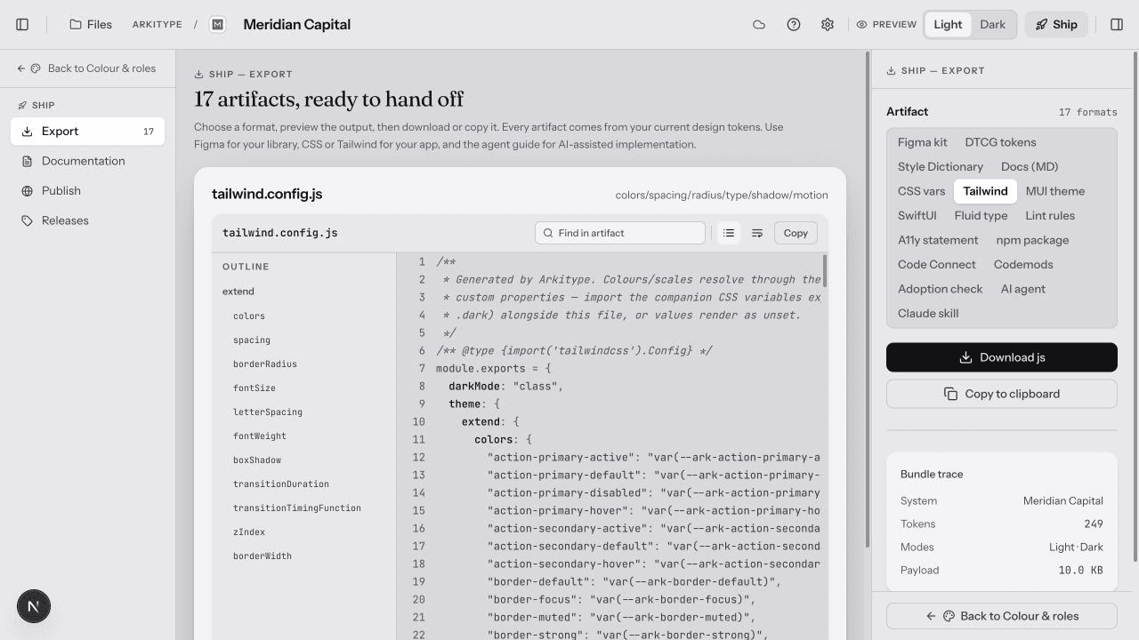 Ship’s Export screen has an artifact preview in the centre, Export, Documentation, Publish and Releases on the left, and format selection and download controls on the right.